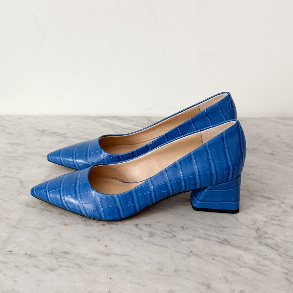 Franco Sarto Pumps Croc Embossed Block Heel Pointed Toe 7M Blue Slip On